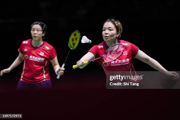 Chen Qingchen and Jia Yifan of China compete in the Uber Cup Final Women's Doubles match against Lee Sohee and Shin Seungchan of Korea during day...