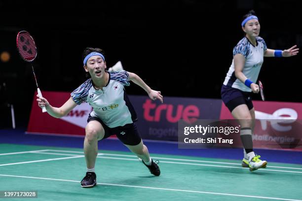 Lee Sohee and Shin Seungchan of Korea compete in the Uber Cup Final Women's Doubles match against Chen Qingchen and Jia Yifan of China during day...