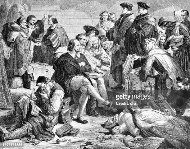 age of reformation, the humanists sitting together in thoughts and discussions - statue stock illustrations