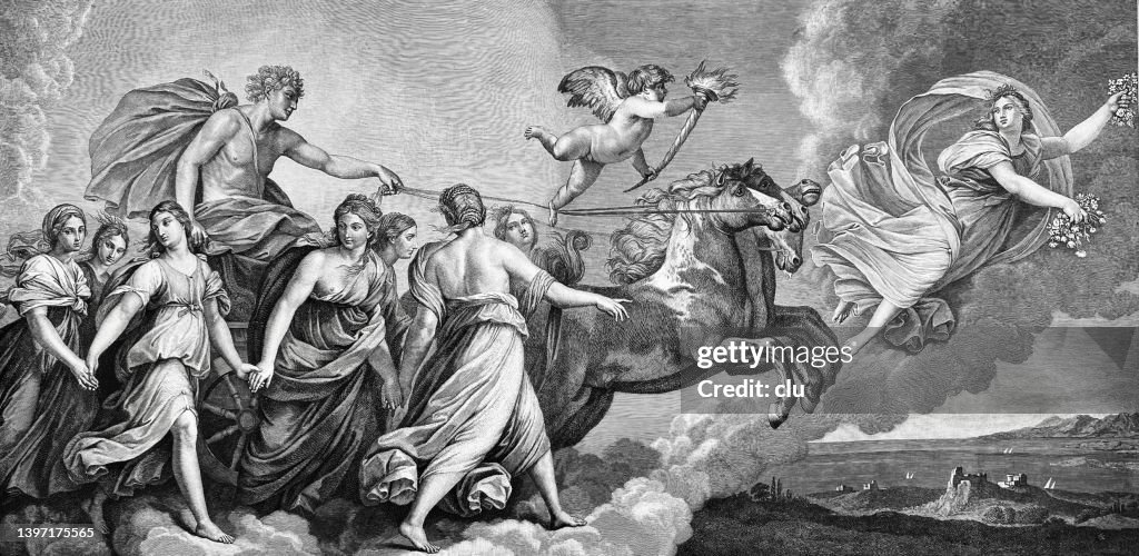 Aurora, Roman goddess of dawn flying in the clouds