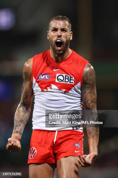Lance Franklin of the Swans celebrates a goal during the round nine AFL match between the Sydney Swans and the Essendon Bombers at Sydney Cricket...
