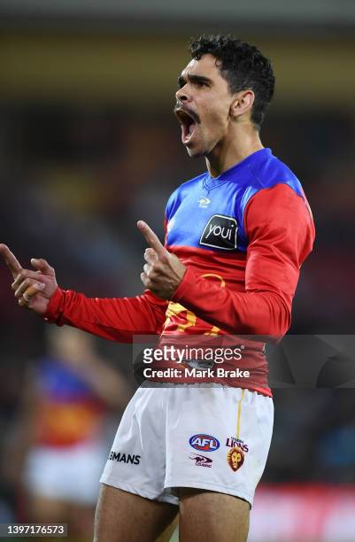 Charlie Cameron of the Lions celebrates a goal during the round nine AFL match between the Adelaide Crows and the Brisbane Lions at Adelaide Oval on...