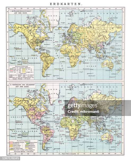 old chromolithograph illustration of earth maps - population density on earth, distribution of religions on earth - density map stock pictures, royalty-free photos & images