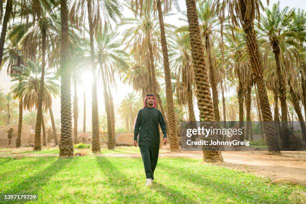 man in late 20s walking through palm grove in desert oasis - confident looking to camera stock pictures, royalty-free photos & images