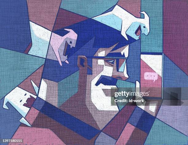 ilustraciones, imágenes clip art, dibujos animados e iconos de stock de hombre adulto mirando el teléfono inteligente con fantasmas - perder el tiempo