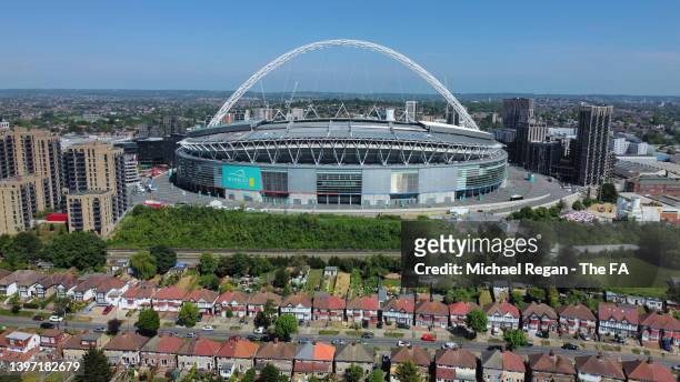 An aerial view of Wembley Stadium is seen prior to The FA Cup Final match between Chelsea and Liverpool at Wembley Stadium on May 14, 2022 in London,...