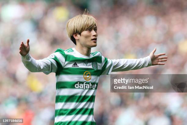 Kyogo Furuhashi of Celtic celebrates after scoring their side's first goal during the Cinch Scottish Premiership match between Celtic and Motherwell...