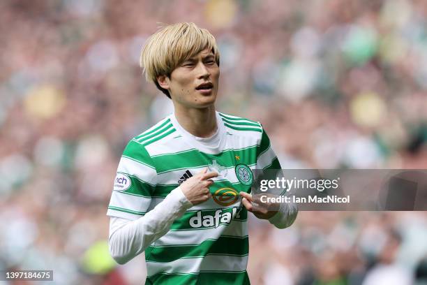 Kyogo Furuhashi of Celtic celebrates after scoring their side's first goal during the Cinch Scottish Premiership match between Celtic and Motherwell...