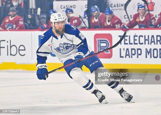 Pierre-Cedric Labrie of the Syracuse Crunch skates against the Laval Rocket during the first period in Game Three of the North Division Semifinals at...