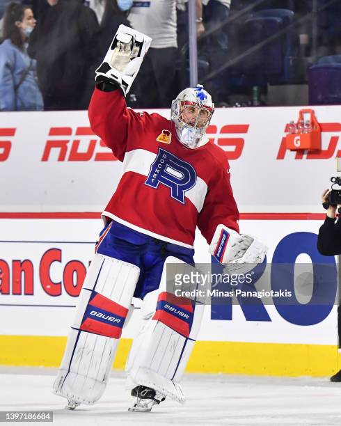 Goaltender Cayden Primeau of the Laval Rocket salutes the spectators after a victory against the Syracuse Crunch in Game Three of the North Division...