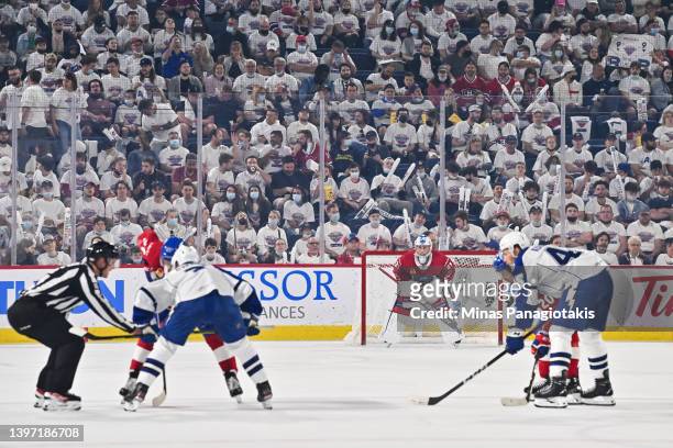 Goaltender Cayden Primeau of the Laval Rocket tends net against the Syracuse Crunch during the second period in Game Three of the North Division...