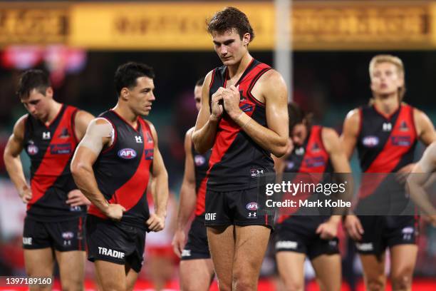 Zach Reid of the Bombers looks dejected after defeat the round nine AFL match between the Sydney Swans and the Essendon Bombers at Sydney Cricket...