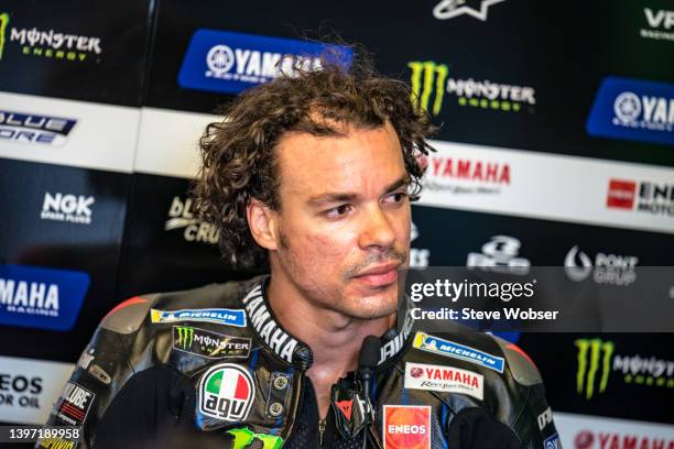 Franco Morbidelli of Italy and Monster Energy Yamaha MotoGP sits inside his garage during the qualifying session of the MotoGP SHARK Grand Prix de...