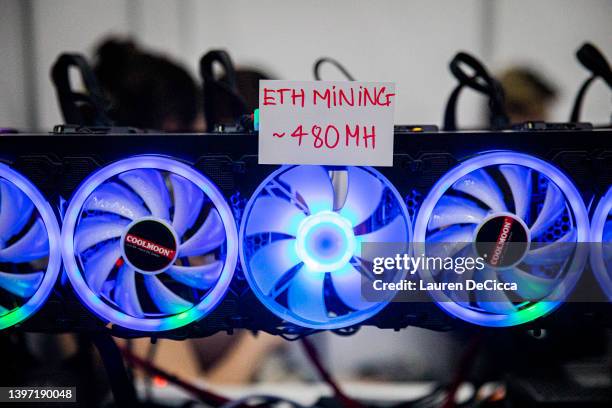 An ethereum mining rig is on display at the Thailand Crypto Expo 2022 on May 14, 2022 in Bangkok, Thailand. Cryptocurrency Enthusiasts attend...