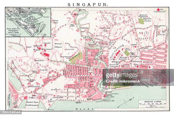 old engraved map of singapore - singapore map stock-fotos und bilder