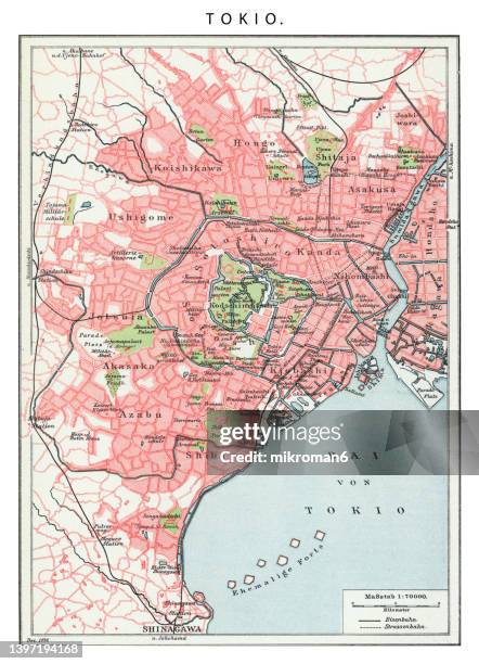 old engraved map of tokyo, japan - tokyo map imagens e fotografias de stock