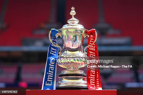 General view of the Emirates FA Cup trophy prior to The FA Cup Final match between Chelsea and Liverpool at Wembley Stadium on May 14, 2022 in...