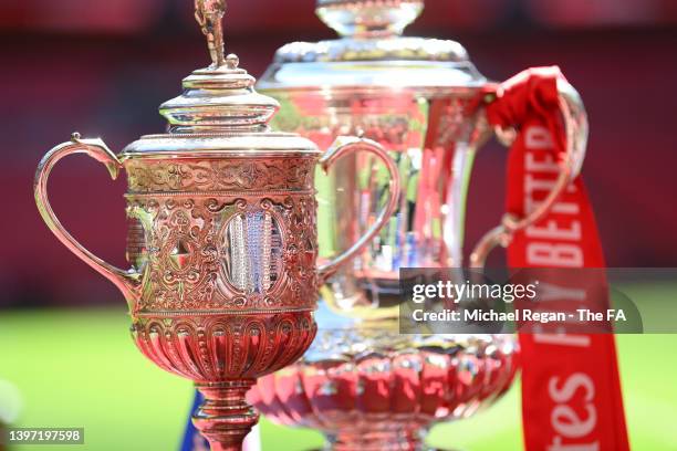 The Original FA Cup trophy is photographed beside the current Emirates FA Cup trophy prior to The FA Cup Final match between Chelsea and Liverpool at...