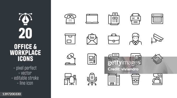 office and workplace line icon set - cctv office stock illustrations