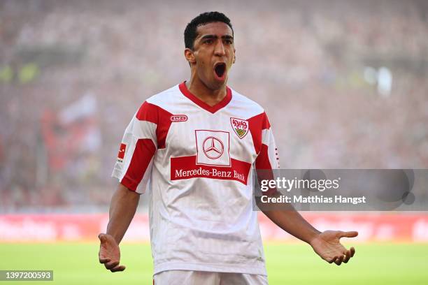 Tiago Tomas of VfB Stuttgart reacts after a penalty was awarded to VfB Stuttgart during the Bundesliga match between VfB Stuttgart and 1. FC Köln at...