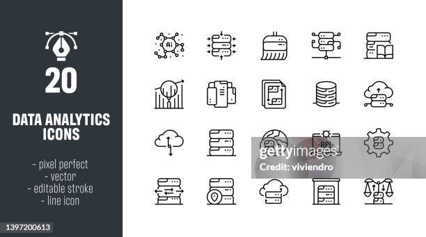 ilustraciones, imágenes clip art, dibujos animados e iconos de stock de conjunto de iconos de línea de análisis de datos - interfaz de programación de aplicaciones