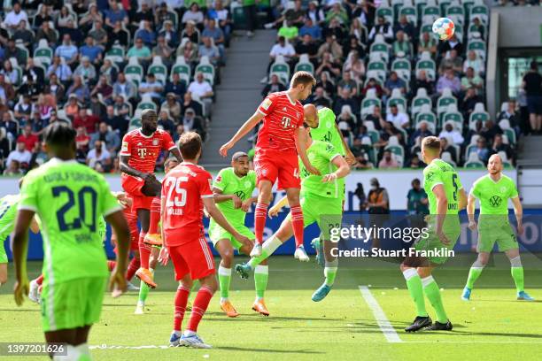 Josip Stanisic of FC Bayern Muenchen scores their team's first goal during the Bundesliga match between VfL Wolfsburg and FC Bayern München at...