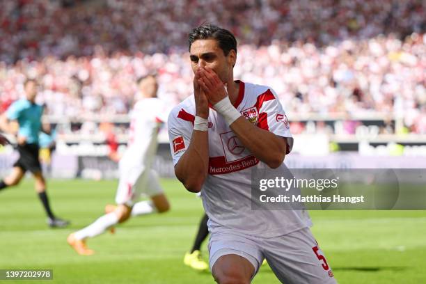 Konstantinos Mavropanos of VfB Stuttgart reacts after a missed chance during the Bundesliga match between VfB Stuttgart and 1. FC Köln at...