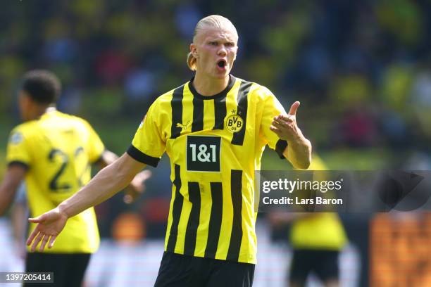 Erling Haaland of Borussia Dortmund reacts during the Bundesliga match between Borussia Dortmund and Hertha BSC at Signal Iduna Park on May 14, 2022...