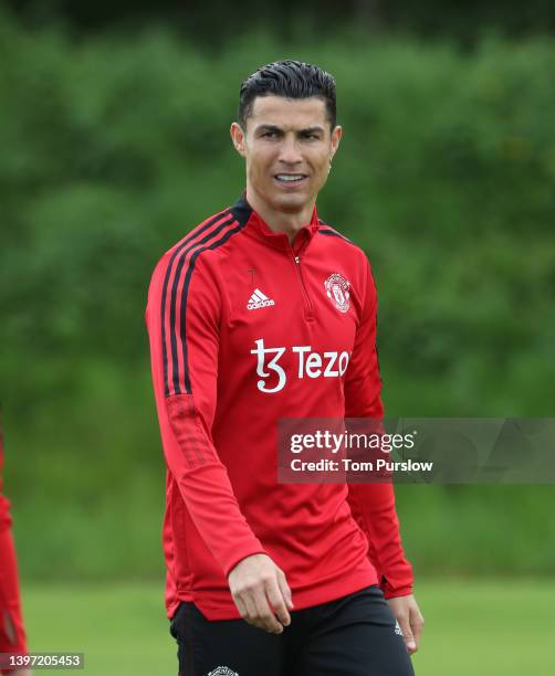 Cristiano Ronaldo of Manchester United in action during a first team training session at Carrington Training Ground on May 12, 2022 in Manchester,...