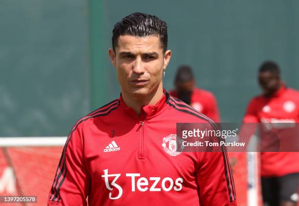Cristiano Ronaldo of Manchester United in action during a first team training session at Carrington Training Ground on May 12, 2022 in Manchester,...
