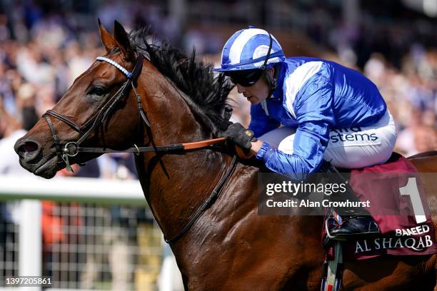 Jim Crowley riding Baaeed win The Al Shaqab Lockinge Stakes at Newbury Racecourse on May 14, 2022 in Newbury, England.