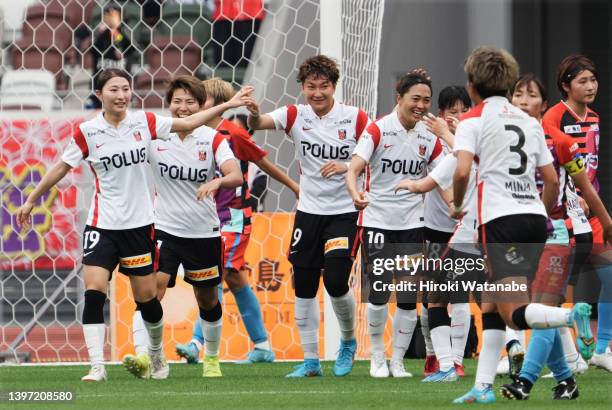 Kozue Ando of Urawa Red Diamonds Ladies celebrates scoring her team's first goal during the WE League match between INAC Kobe Leonessa and Mitsubishi...