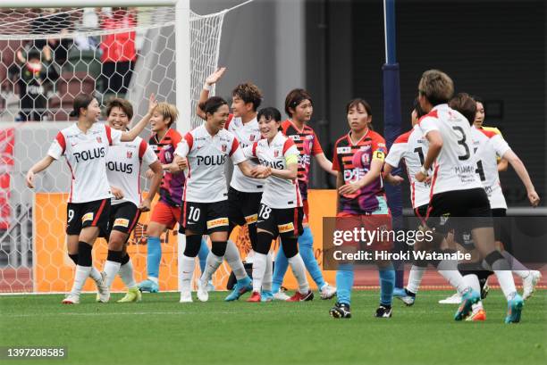 Kozue Ando of Urawa Red Diamonds Ladies celebrates scoring her team's first goal during the WE League match between INAC Kobe Leonessa and Mitsubishi...