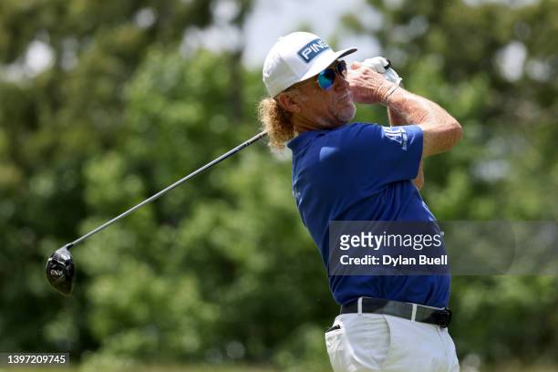 Miguel Angel Jimenez of Spain plays his shot from the 12th tee during the second round of the Regions Tradition at Greystone Golf and Country Club on...