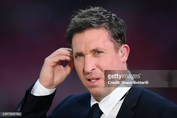 Robbie Fowler, former Liverpool player looks on prior to The FA Cup Final match between Chelsea and Liverpool at Wembley Stadium on May 14, 2022 in...