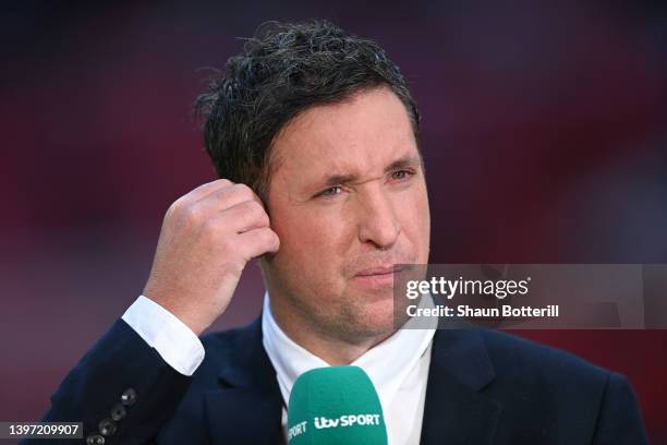 Robbie Fowler, former Liverpool player working for ITV Sport looks on prior to The FA Cup Final match between Chelsea and Liverpool at Wembley...