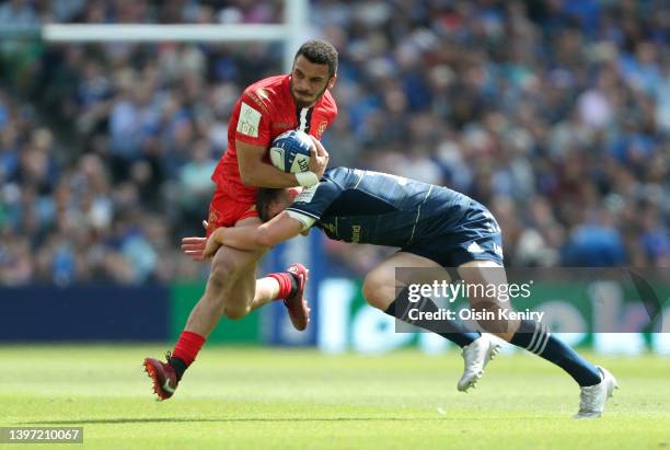 Matthis Lebel of Stade Toulousain is tackled by Garry Ringrose of Leinster during the Heineken Champions Cup Semi Final match between Leinster Rugby...