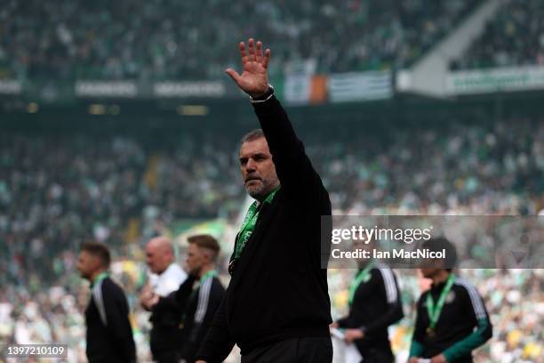 Celtic manager Ange Postecoglou is seen during the Cinch Scottish Premiership match between Celtic and Motherwell at Celtic Park on May 14, 2022 in...