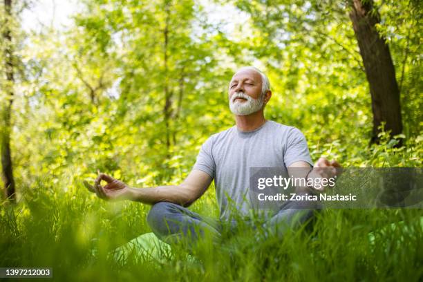 senior man meditiert im öffentlichen park - senior yoga stock-fotos und bilder