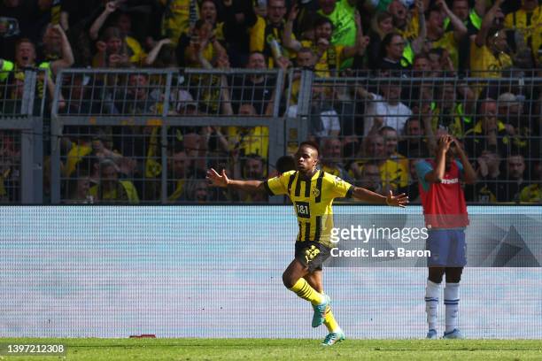 Youssoufa Moukoko of Borussia Dortmund celebrates after scoring their side's second goal during the Bundesliga match between Borussia Dortmund and...