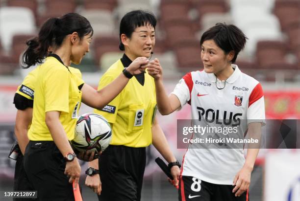 Hikaru Naomoto of Urawa Red Diamonds Ladies looks on after the WE League match between INAC Kobe Leonessa and Mitsubishi Heavy Industries Urawa Red...