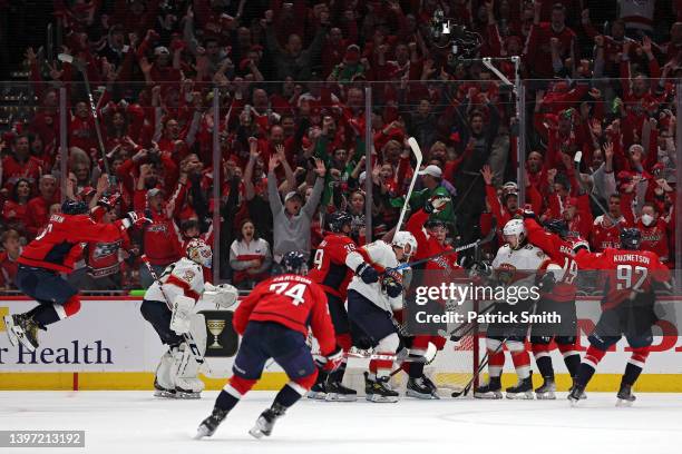 Oshie of the Washington Capitals celebrates after scoring a goal against the Florida Panthers during the third period in Game Six of the First Round...