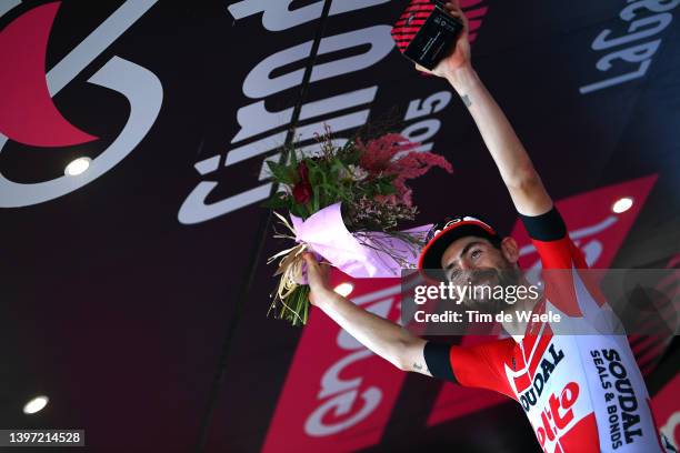 Thomas De Gendt of Belgium and Team Lotto Soudal celebrates winning the stage on the podium ceremony after the 105th Giro d'Italia 2022, Stage 8 a...