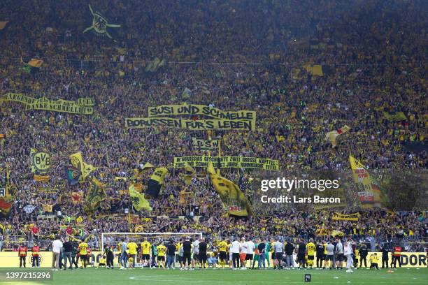 Borussia Dortmund players acknowledge the fans following the Bundesliga match between Borussia Dortmund and Hertha BSC at Signal Iduna Park on May...