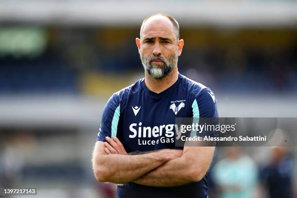 Igor Tudor, Head Coach of Hellas Verona looks on prior to the Serie A match between Hellas and Torino FC at Stadio Marcantonio Bentegodi on May 14,...