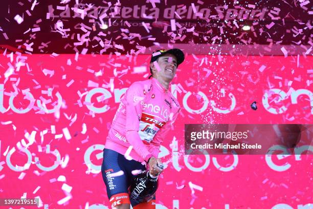 Juan Pedro López of Spain and Team Trek - Segafredo celebrates winning the pink leader jersey on the podium ceremony after the 105th Giro d'Italia...