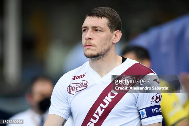 Andrea Belotti of Torino takes to the field prior to the Serie A match between Hellas and Torino FC at Stadio Marcantonio Bentegodi on May 14, 2022...