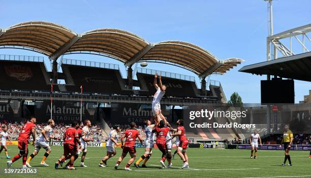 Jack Willis of Wasps wins the lineout ball during the EPCR Challenge Cup Semi Final match between Lyon and Wasps at Matmut Stadium on May 14, 2022 in...