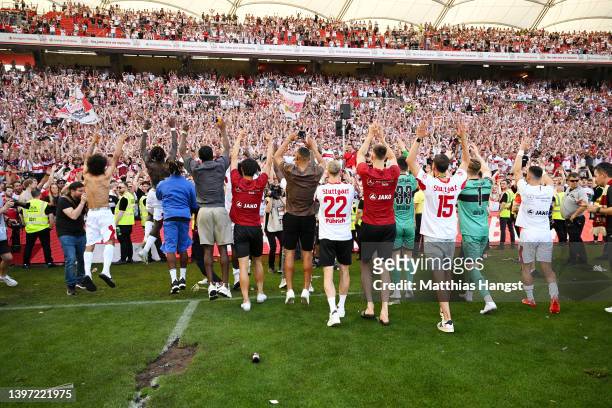 VfB Stuttgart players celebrate with the fans after their sides victory, which resulted in VfB Stuttgart avoiding the relegation play offs in the...