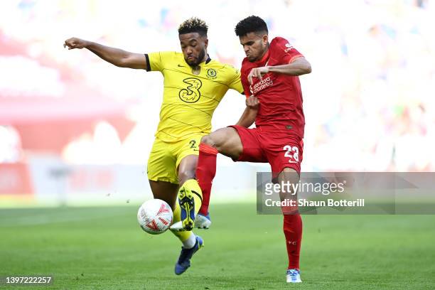 Luis Diaz of Liverpool challenges Reece James of Chelsea during The FA Cup Final match between Chelsea and Liverpool at Wembley Stadium on May 14,...